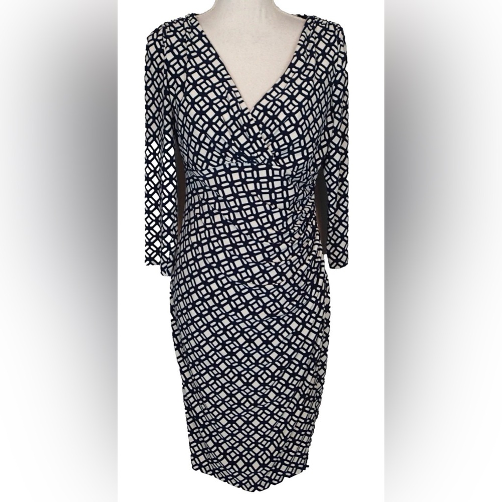 Ralph Lauren Faux Wrap Dress BLUE  white 3/4 Sleeve Splice Bodice v neck Size 10